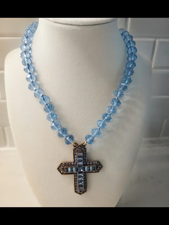 Vintage Heidi Daus Blue Faceted Swarovski Crystal Necklace with Cross Pendant - Picture 1 of 7